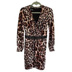 Bebe Leopard Print Mini Dress V-Neck Long Sleeve Beaded Waist Animal Print XS